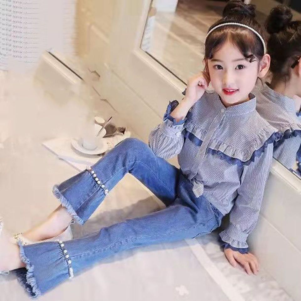Metà di Vita Nuovo Delle Ragazze Dei Bambini Dei Pantaloni Caldi di Autunno della Molla Pantaloni a zampa d'elefante Casual Del Denim Delle Ragazze Dei Jeans Dei Pantaloni Per 3-12 anni di Età