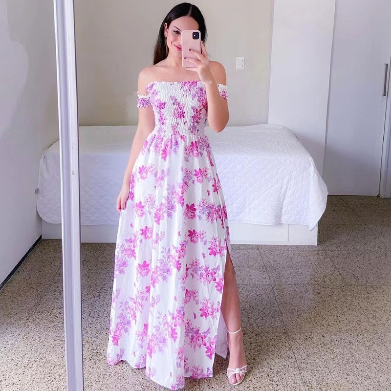 Moda feminina um ombro impresso split doce e elegante borboleta arco-íris vestido longo senhora vestidos flor sólido colorido: S / Cáqui