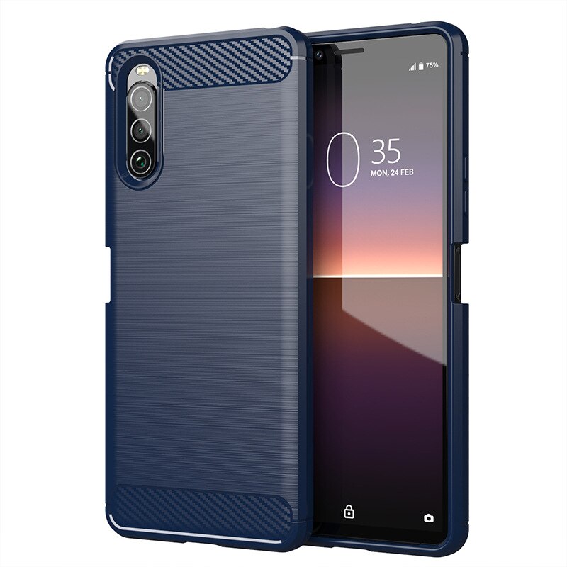 Pour Sony Xperia 10 II étui souple en Fiber de carbone étui de téléphone pour Sony Xperia 1 II antichoc Protection complète pare-chocs en Silicone: Xperia 1 II / Bleu