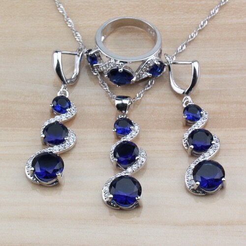 Exclusieve blauwe natuurstenen cz sieraden sets lange oorbellen/ketting/armband en ringen sets voor dames trendy kostuum: 3 stuks / 7
