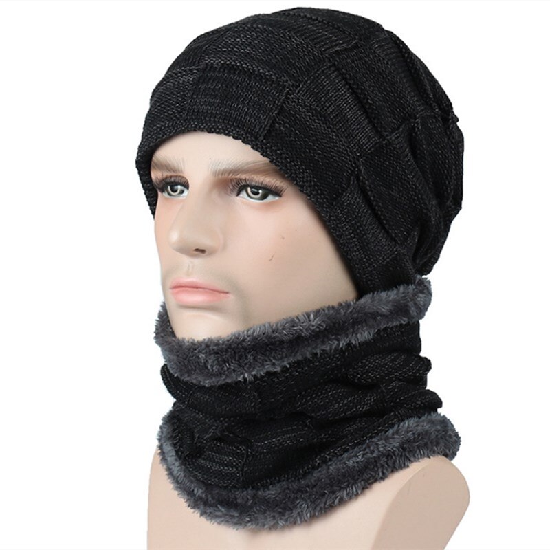 Nyaste varma mössor för män casual stickad mössa halsvärmare vintermössor för män utomhus skullies mössor varm fleecehatt: Svart