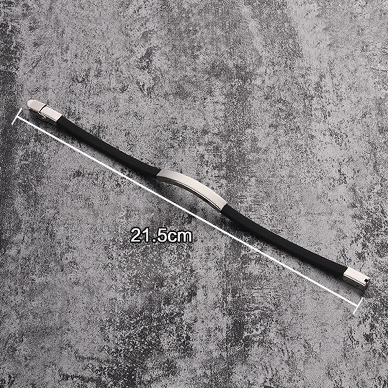 Casual Vintage Handmade Black Rubber Bracelet Silver Color Stainless Steel Bar Silicone Men&#39;s Hand Strap