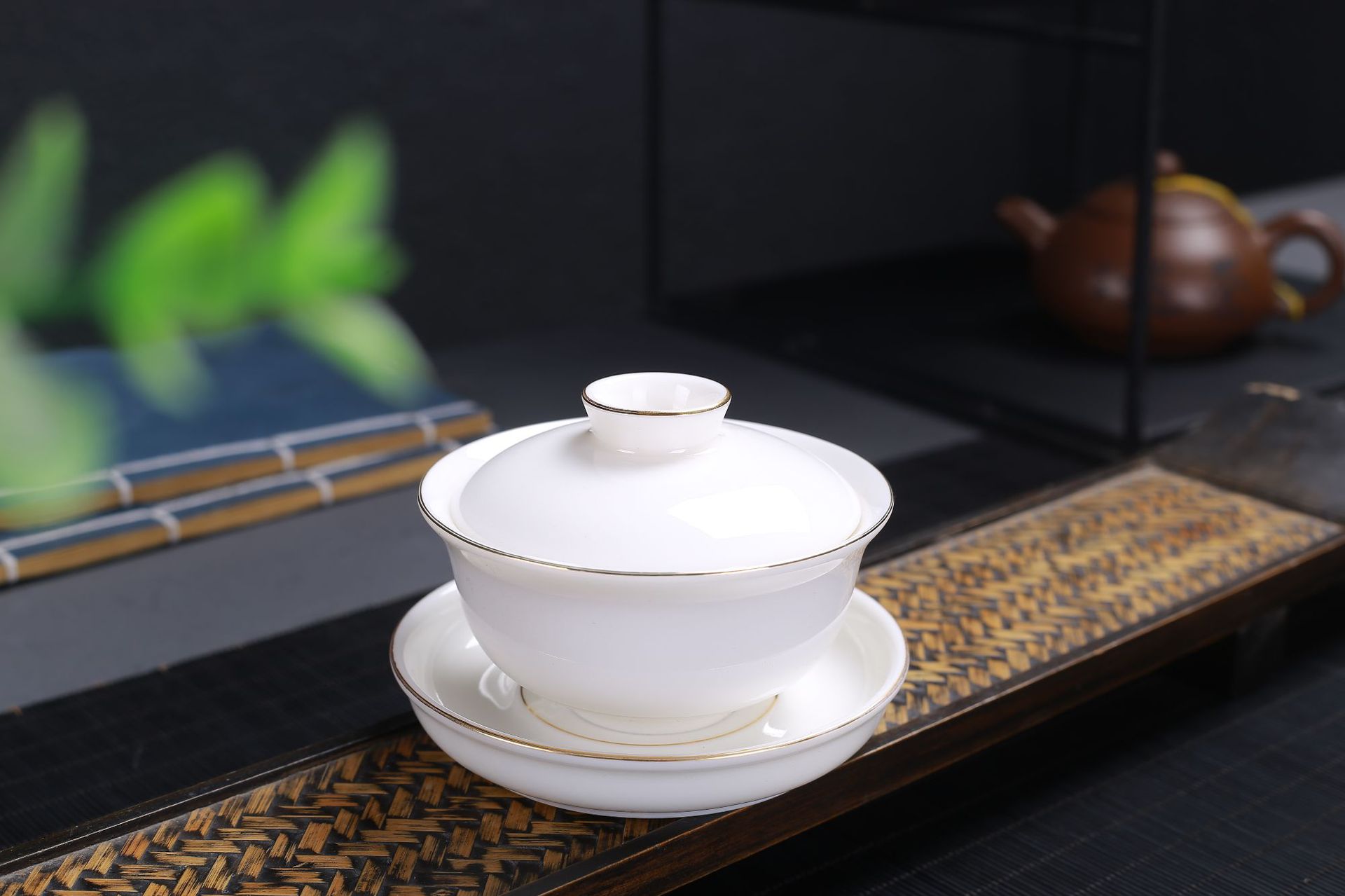 Høj kvalitet suet jade keramisk tekop stor tre-talent dæk skål te maker håndlavet hvid porcelæn skål: Blå
