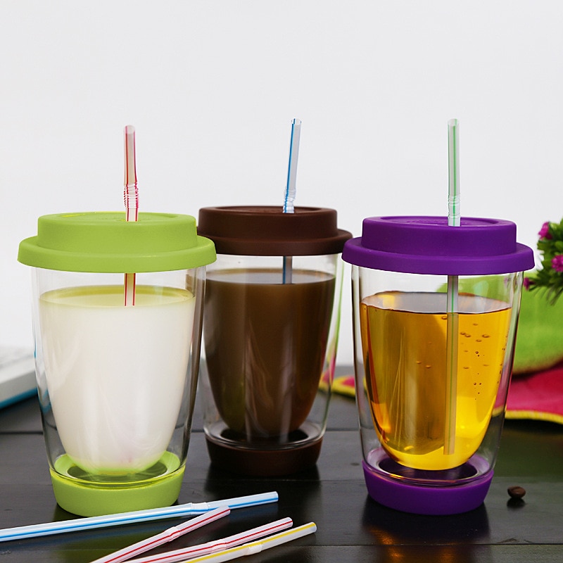 Dobbelt vegg glass verres Helle boire kaffekrus varmebestandig drikkeglass kopp med silisium lokk og utgangspunkt verre dobbel paroi