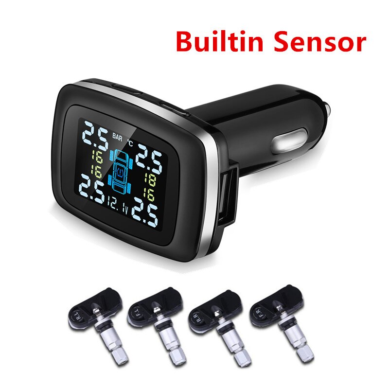 Car TPMS Tire Pressure Monitoring System Sensor USB Port Car Safety Alarm Cigarette Lighter Digital System Tire Pressure System: Builtin Sensor