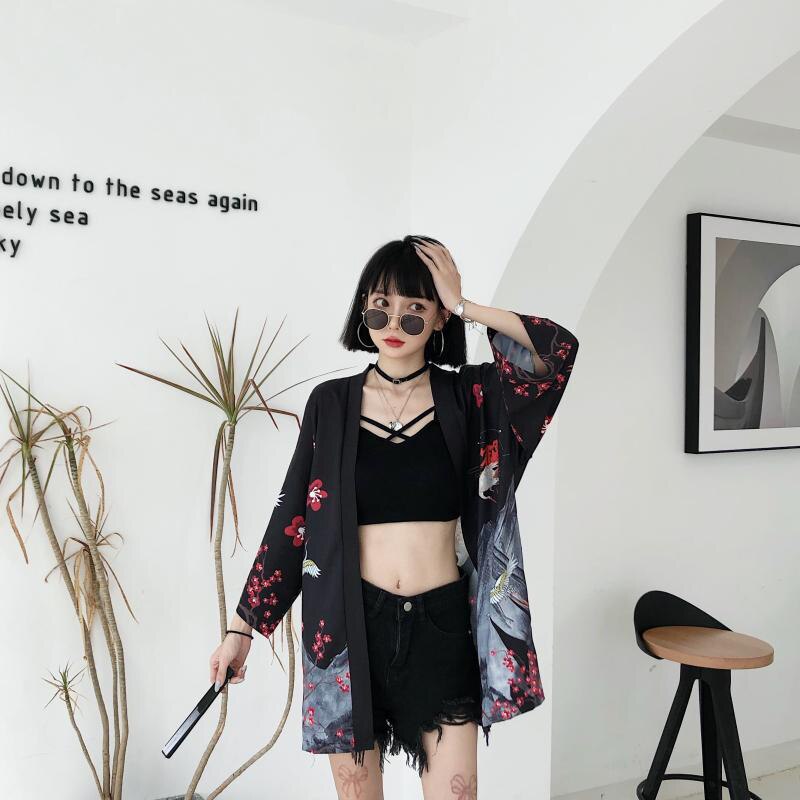 Kimono japonés Retro Samurai, cárdigan de gasa Haori ukiyo-e con estampado Floral para mujer, ropa de calle para Cosplay