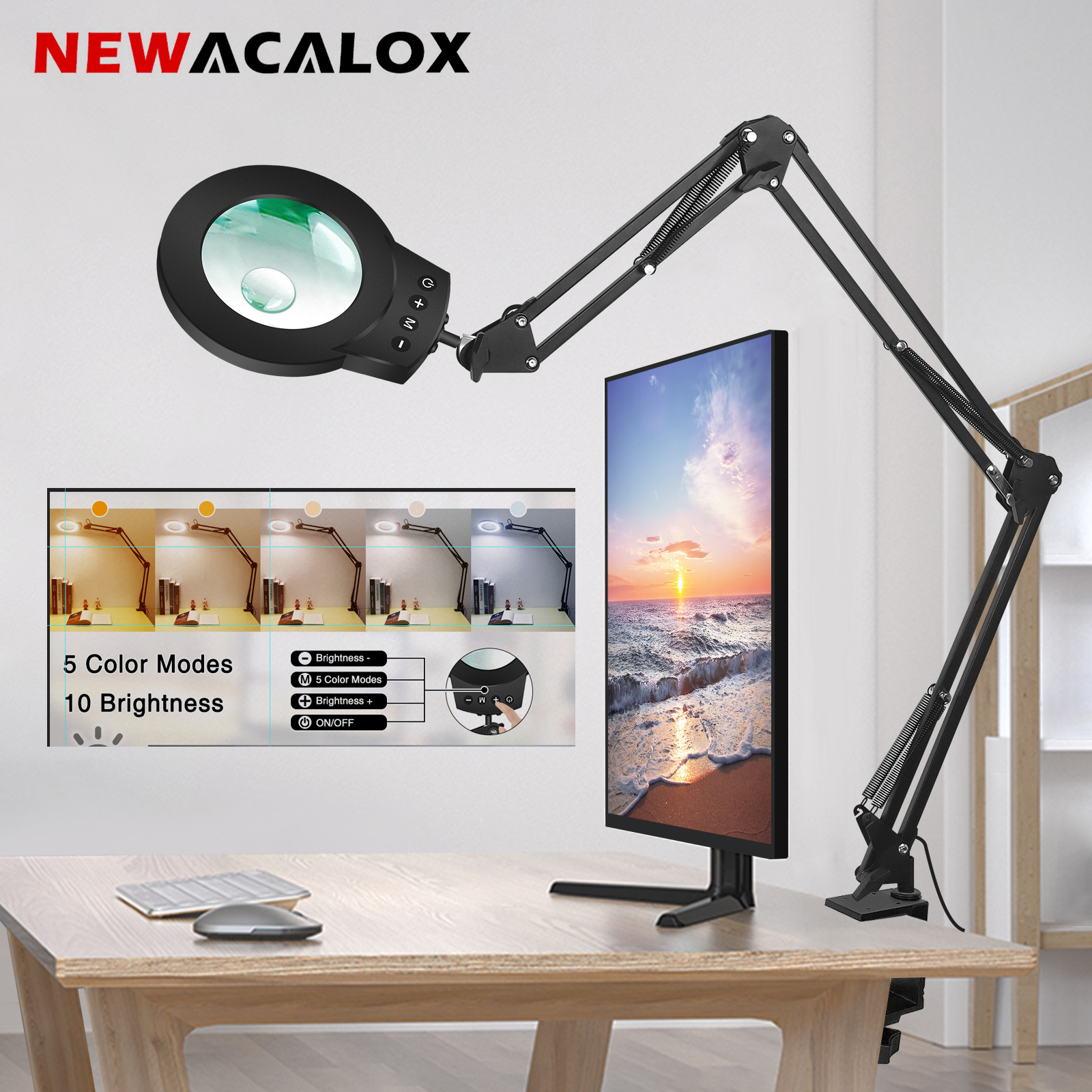 Lámpara de lupa de brazos oscilantes largos 5X/10X con luces LED de ajuste de 5 colores lámpara de mesa de lectura para reparación de soldadura trabajo cercano