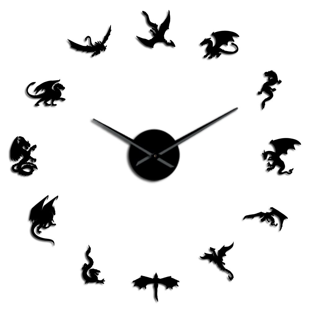 Black Evil Dragon Mirror Sticker DIY Large Wall Clock Medieval Mythical Dragon Silent Giant Watch Fiction Fantasy Wall Decor: Black / 37 Inch