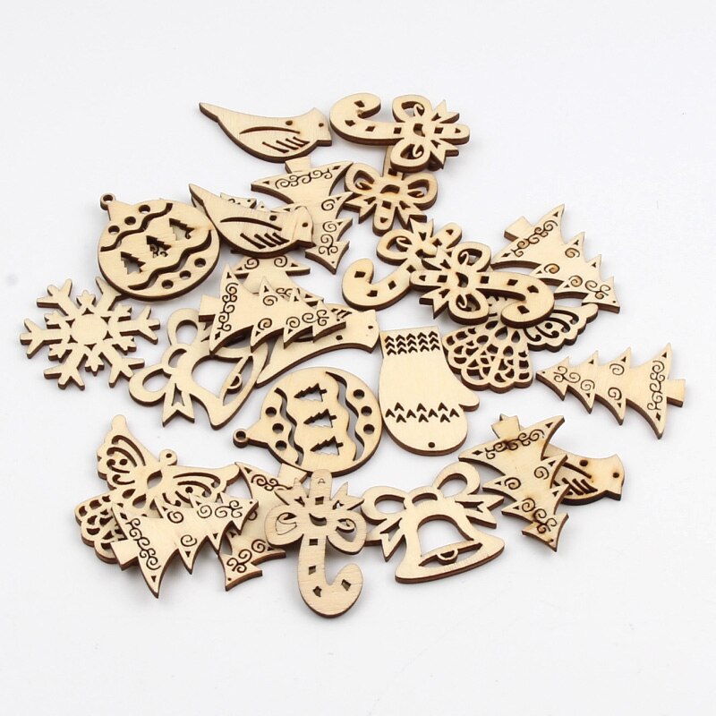 20pcs Mixed Christmas Pattern Natural Wood Crafts Scrapbooking MDF For Diy Home Decoration Xmas Art Wooden Embellishment 40mm