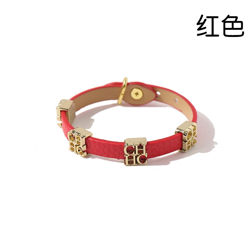 Titanium steel glossy gold CH lettered double loop leather bracelet for women: Antique Copper Plated