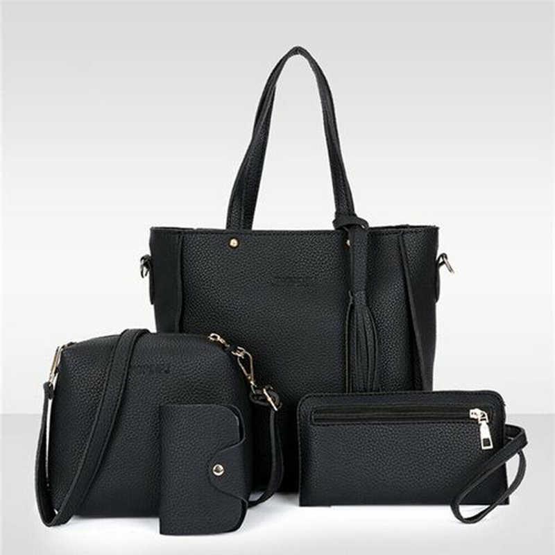 Women Ladies Leather Bags 4Pcs/Sets Handbag Messenger Tote Purse Shoulder Bags Satchel Wallets 4Pcs Solid PU Leather Wallets: Black