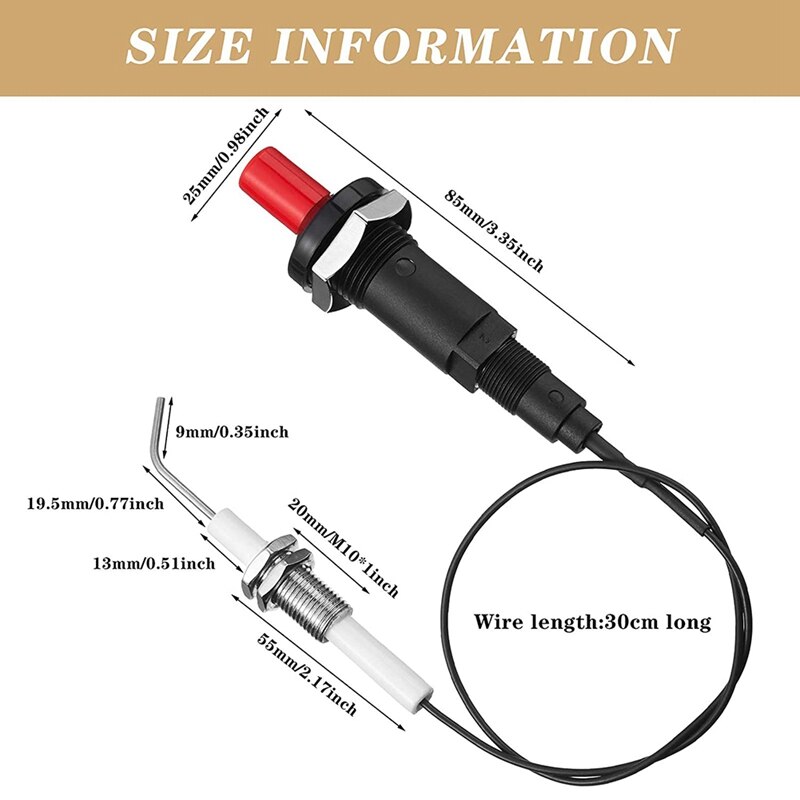 AU -4 Pieces Propane Push-Type Piezo Igniter Kit with Threaded Ceramic Electrode Ignition Plug Wire 30 cm for Gas Grill