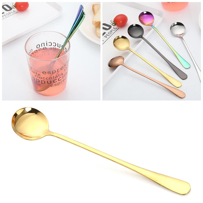 1pc Stainless Steel Mug Spoon 18.7cm 6Colors Round Head Coffee Spoon Long Handle Stirring Spoon Tea Spoon Dessert Spoon Tablewar