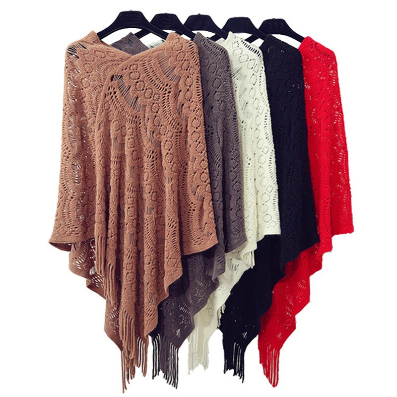 Artguy koselig, lett, heklet, kantet kantstrikket genser med poncho cape sjal