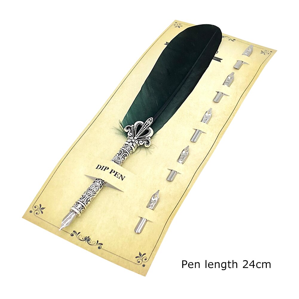 Calligraphy Feather Dip Pens Fountain Pen Retro with 5 Nib Writing Ink Quill Art for School Office Work Ornaments: Green