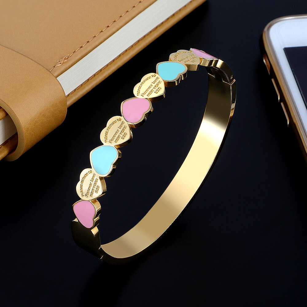 Sweet Heart Charm Cuff Bangles For Girls Stainless Steel Gold Plating 8mm Width Luxury Wristband Wedding Women Female Jewelry: Gold