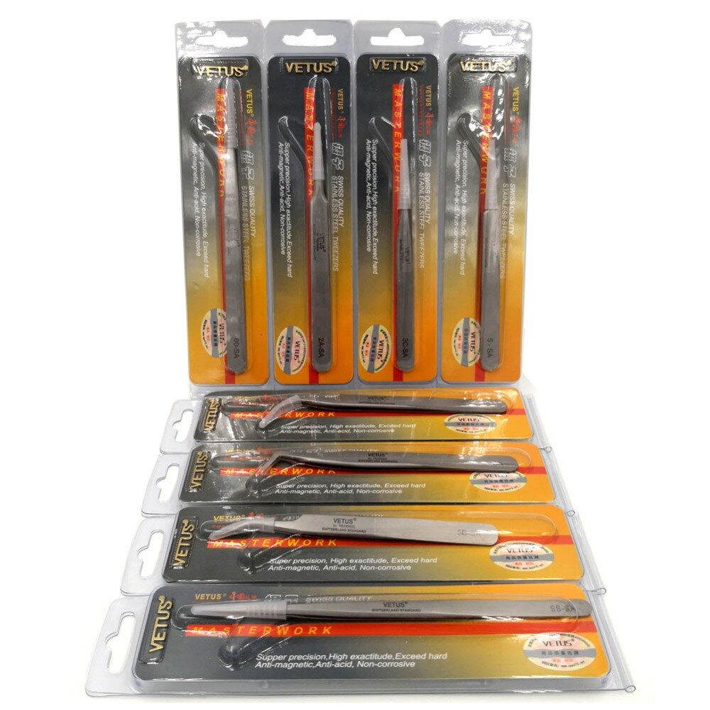 Pinzas VETUS SA, de acero inoxidable, antimagnéticas, antiácido, anticorrosión para extensiones de pestañas, herramientas de reparación de laboratorio
