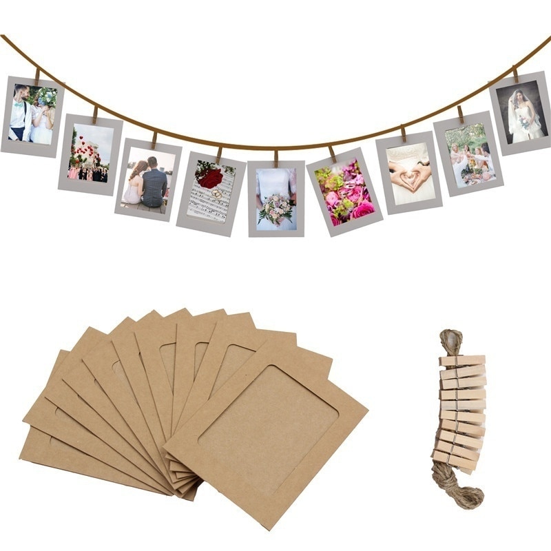 10 Pcs Diy Kraftpapier Fotopapier Frame Met Clips Foto Opknoping Muur Foto Album Touw Familie Geheugen Frame Thuis decor Craft