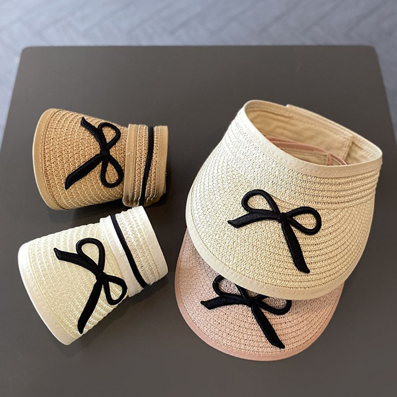 Chapéu de palha e bolsa de ombro verão para meninas, chapéu de sol superior vazio infantil, aba grande, bowknot, viseira de praia ao ar livre, boné de sol para bebê