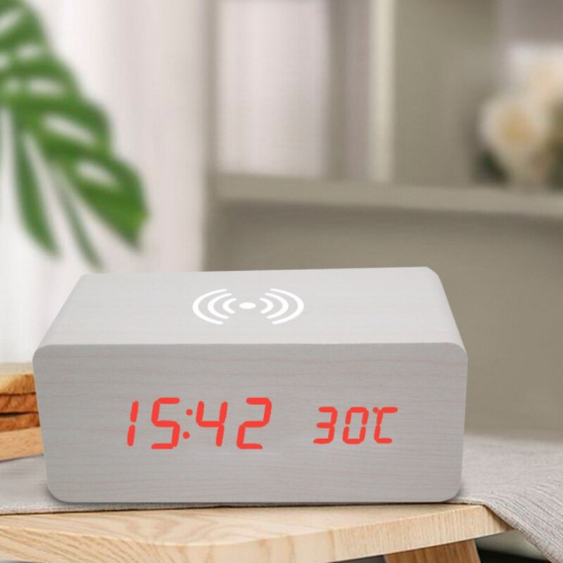 Wood LED Digital Alarm Clock With Phone Wireless Charging Pad Snooze Function Sound Control Adjustable Brightness Alarm Clock