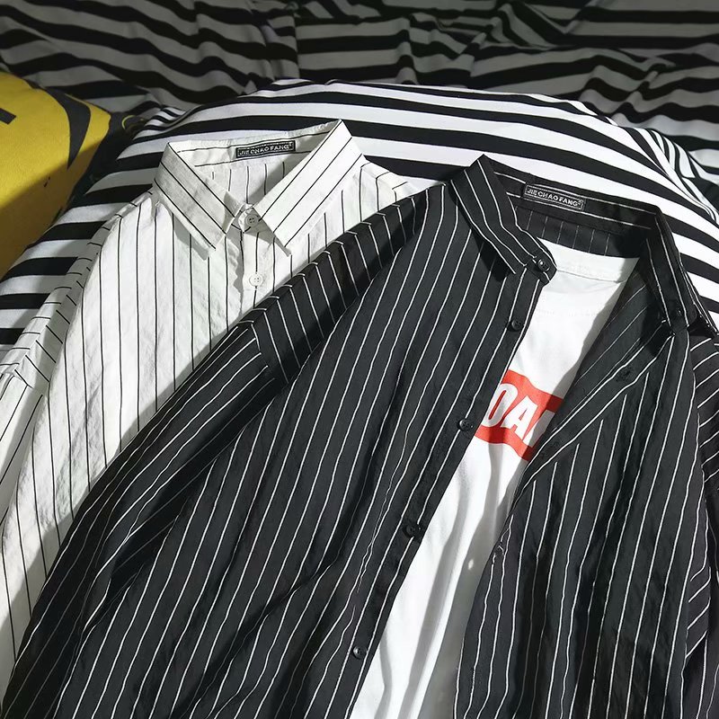 Svart skjorte herre lange ermer enkel pluss størrelse stripete harajuku klær herre skjorter street wear casual koreansk stil topp