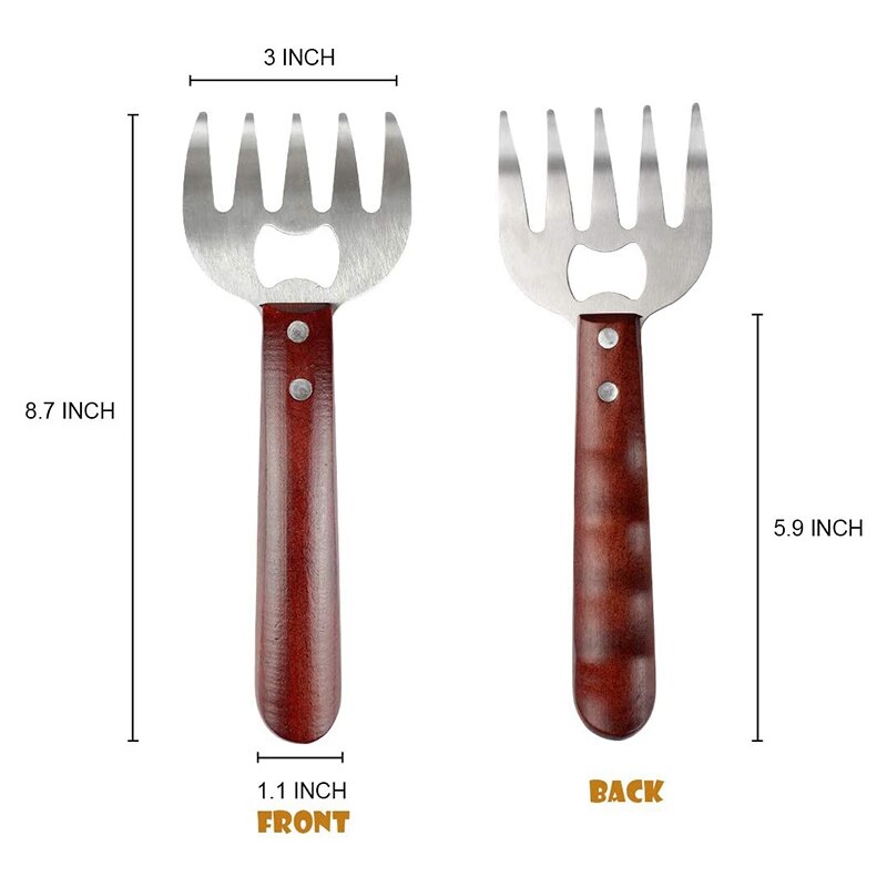 Meat Shredding Claws Stainless Steel Pulled Pork Shredder Meat Slicer for BBQ Long Wood Handle (2 PCS)