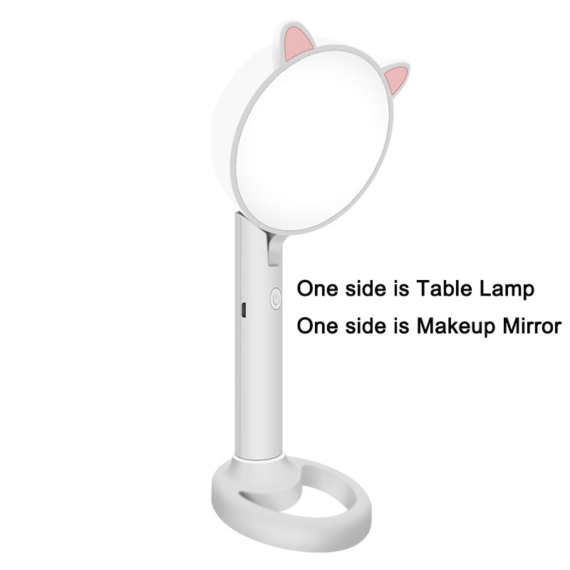 AiLESEN Cute Cat Ears Makeup Mirror And Table Desktop Lamp Third gear light adjustable Multi-function makeup mirror: White
