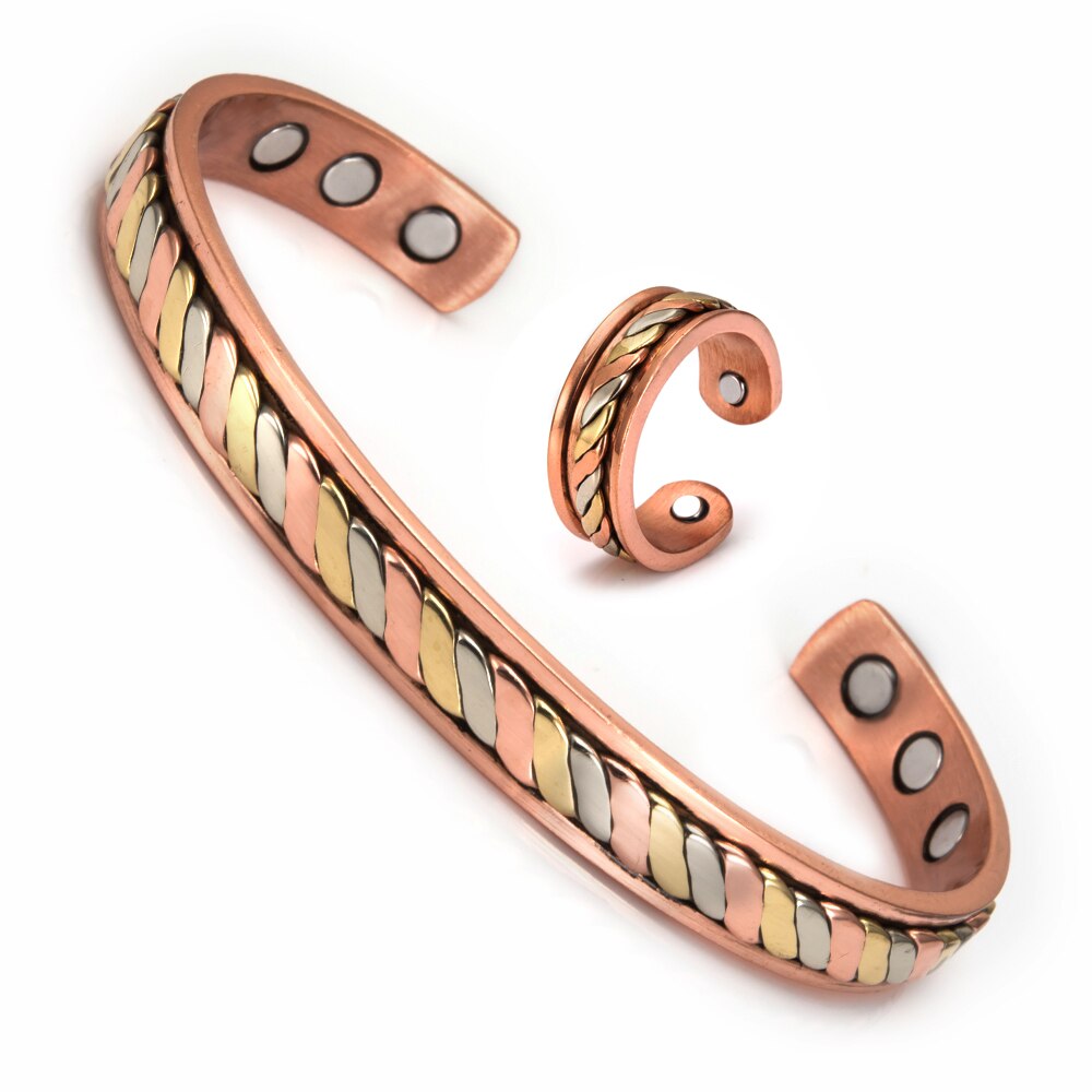 Conjunto de joyas magnéticas de cobre puro para hombres y mujeres, conjunto de joyería de artritis energética, flor Vintage, anillo de pulsera ajustable: rose gold color