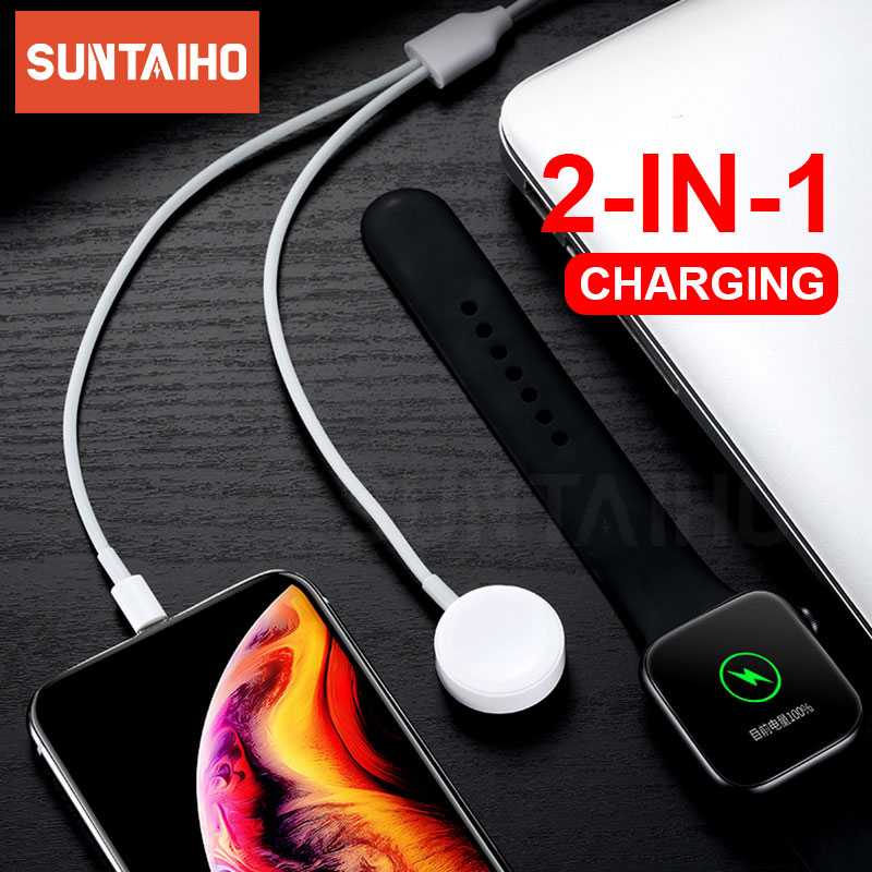 Suntaiho 2 en 1 cargador inalámbrico para el reloj de Apple 1, 2, 3, 4 rápido Cable de carga USB para iPhone 11 Pro Max X Xs X 8 Plus IPad USB de datos