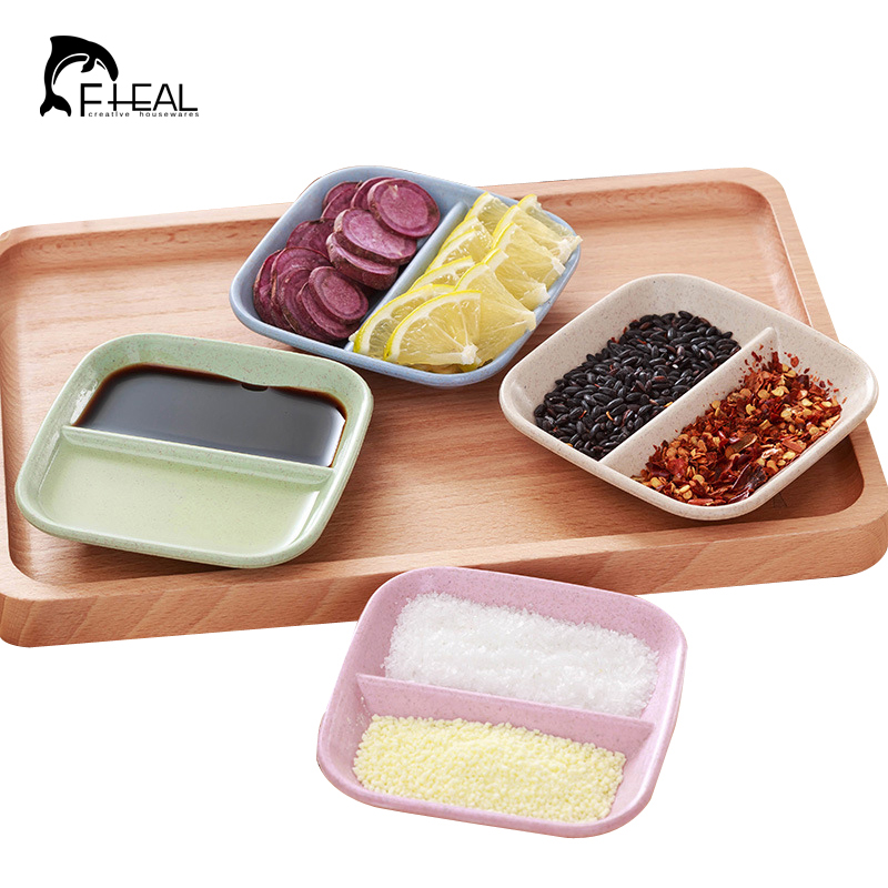 FHEAL 4 stk/set Tarwe Stro Schotel Milieuvriendelijke Plastic Diner Snack Kruiden Azijn Saus Platen Keuken Gereedschap