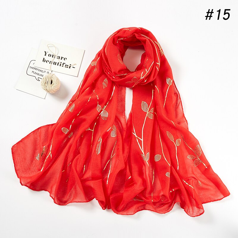 Heißer stanzen Gold Blatt aufbringen Hijab Schal Beliebte funkeln Blumen- Muslimischen Stirnband Kopf Wickeln Frauen Islamischen Schleier Turban Lange Schal: 15 rot