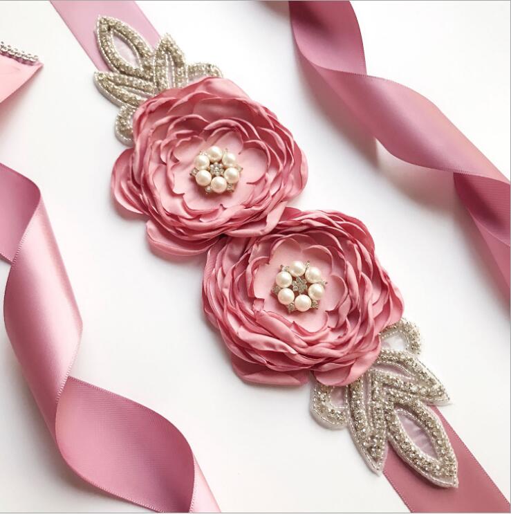 Vintage sidenband 270cm långa bälten stora blommor glänsande löv strass kvinna skärp bälten bröllop brudtillbehör: Luo rosa