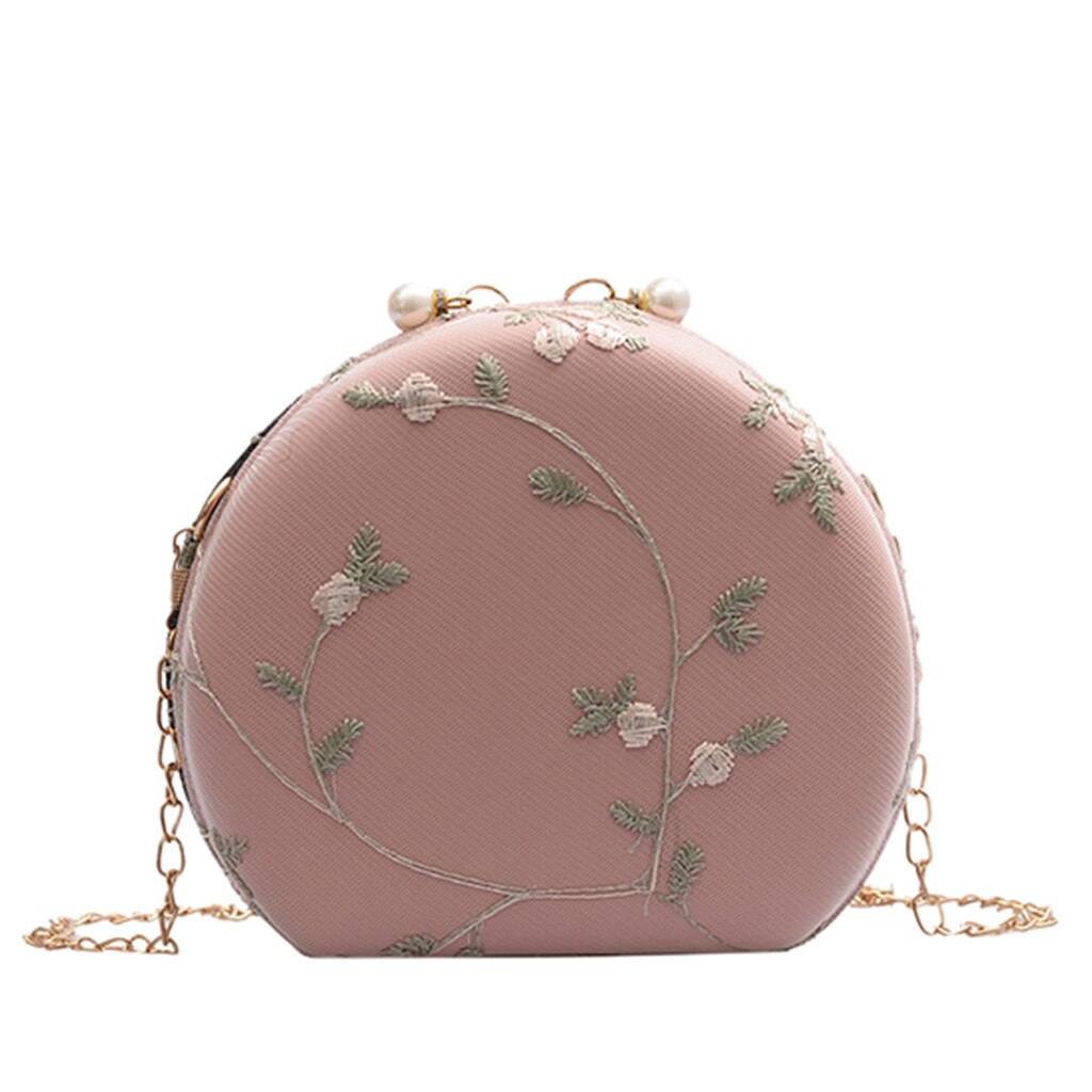 Embroidery Flowers Women Round Clutch Evening Bags Gold Chain Shoulder Bags Girls Handbags Purses Party Bag #YL5: Pink