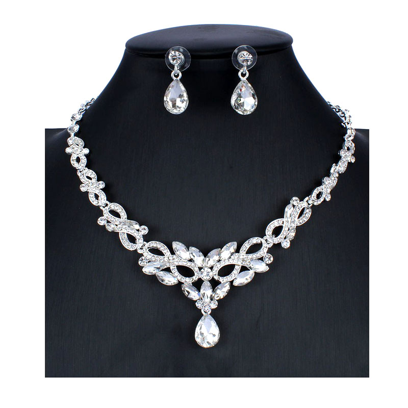 Jiayijiaduo Imitatie Parels Bruids Sieraden Sets Voor Vrouwen Zilveren Kleur Strass Ketting Oorbel Bruiloft: 3