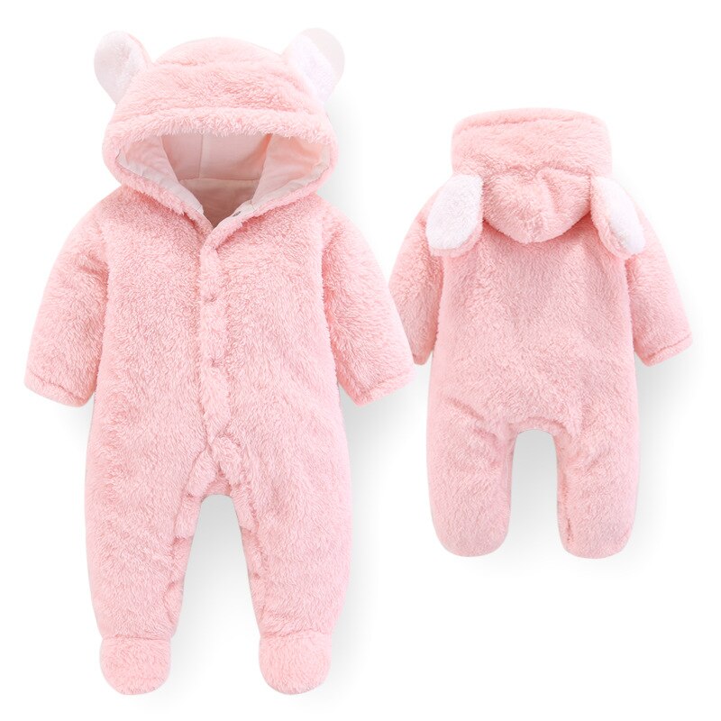 Vinter babyoverall nyfödd pojkekläder 0-3 månader bebis hoodie fleece footies plysch jumpsuit vinteroverall för barn: Rosa / 9m