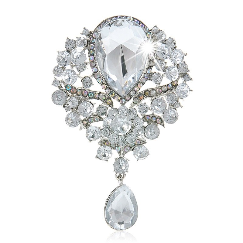 Women Men Brooch Wedding Bridal Bouquet Clear Crystal Diamante Rhinestone Teardrop Dangle Brooch Pin: 2