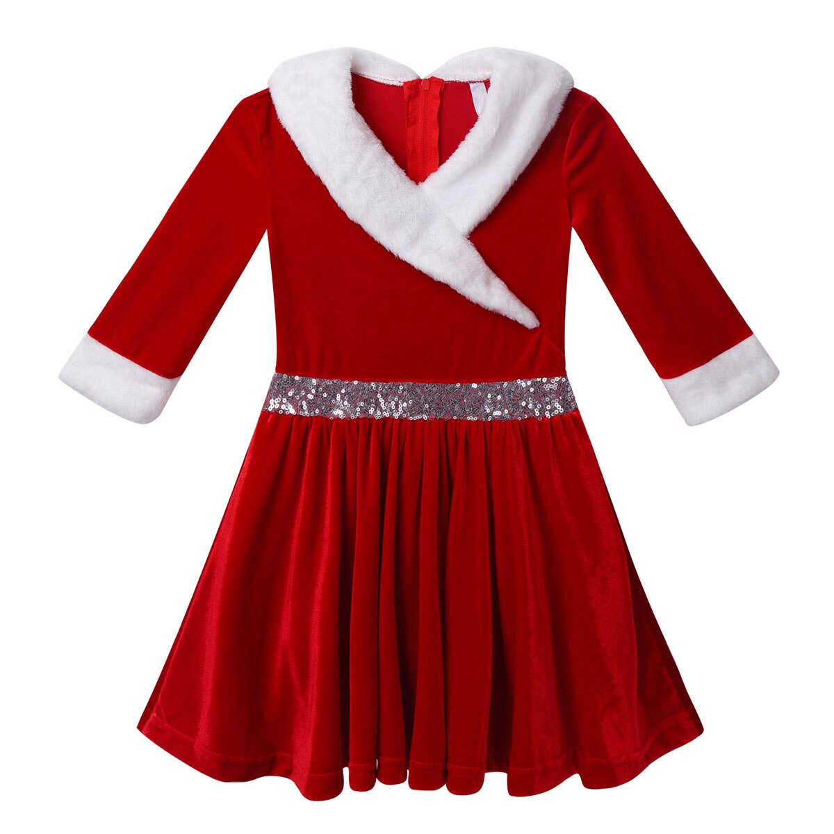 Kids Girls Christmas Dance Costume Dancewear Long Sleeve Faux Fur Trimming Velvet Baton Twirling Dress Figure Ice Skating Dress