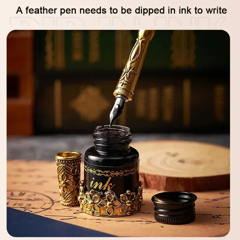 European Style Quill Pens Set with Ink Retro Dipping Quill Pen Lacquer Seal Student Dip Pencil Feather Pen
