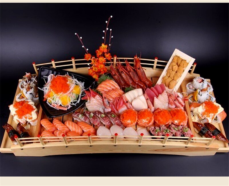 Japansk træ træ køkken sushi bro både fyrretræ sushi sashimi tallerken fad sushi bordservice dekoration ornament