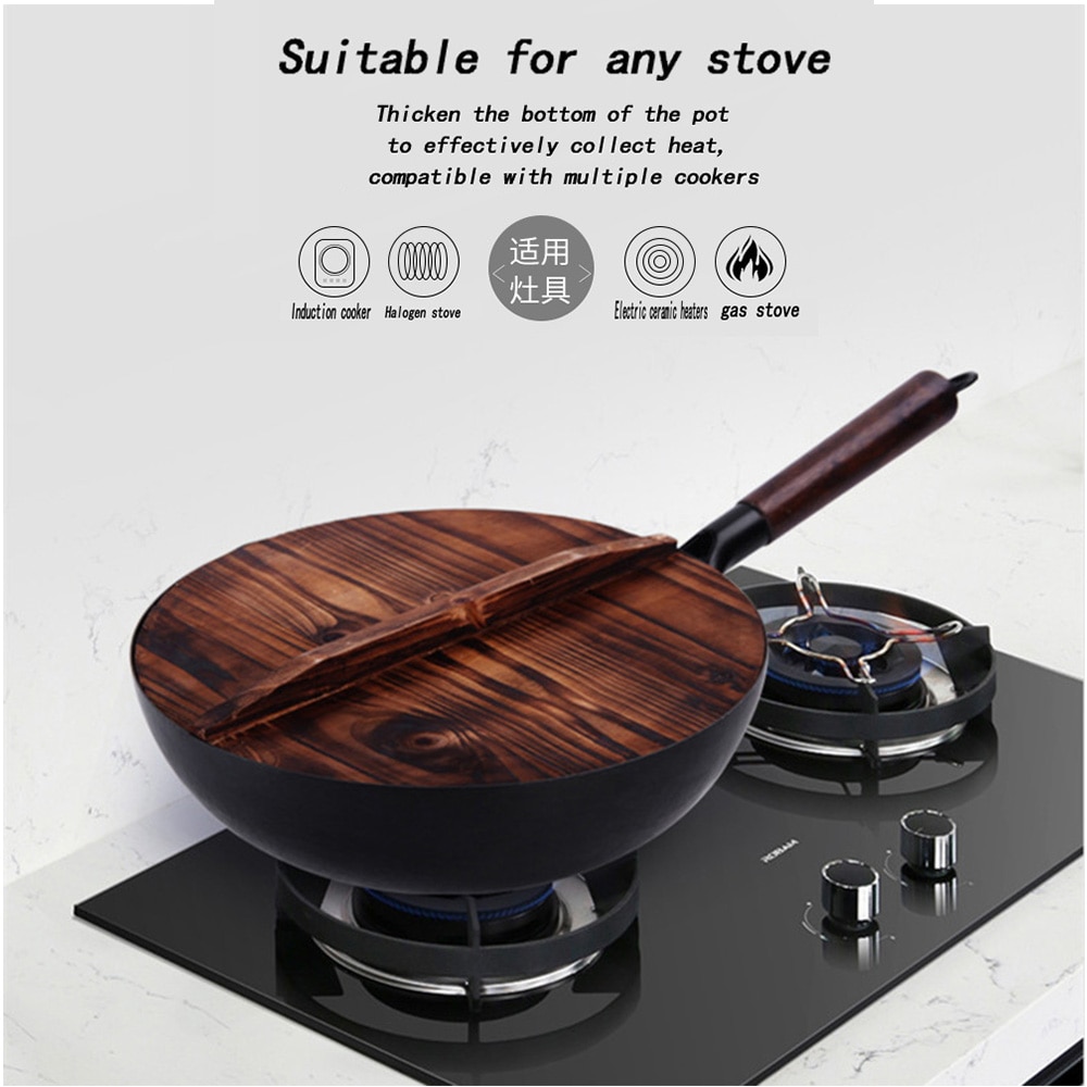 Chinese Traditional Iron Wok Handmade Large Carbon Steel Wok Non-stick Wok Gas Cooker Pan Kitchen Cooker