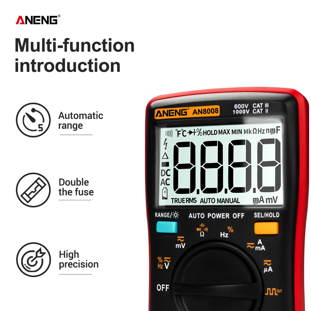 ANENG AN8008 Digital Multimeter 9999 counts True-RMS Square Wave Backlight AC DC Voltage Ammeter Current Ohm Auto/Manual