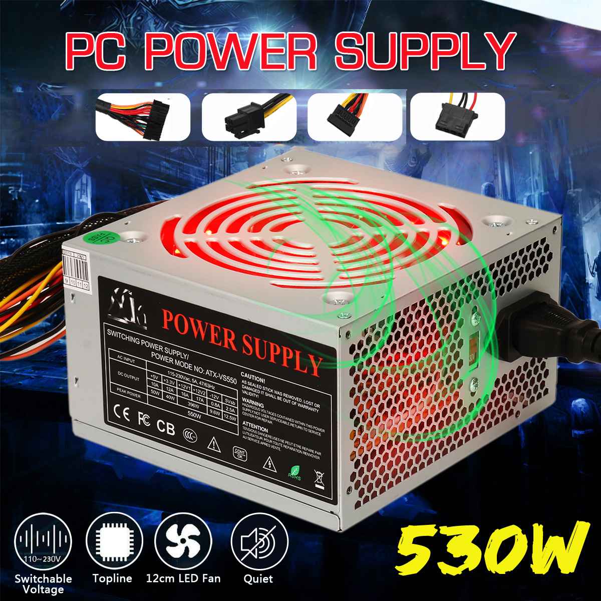 530W 12V ATX Computer Case PC Power Passive PFC Mute Wear-resisting Host LED Power Supply for all CPU Low Loss 110-230V