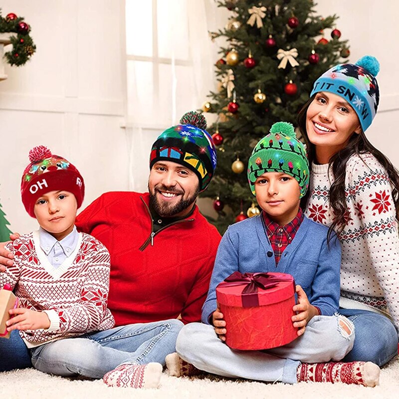 2022Christmas Hats Sweater Elk Knitted Beanie Hat With LED Light Up Cartoon Patteren Christmas Year Decoration navidad