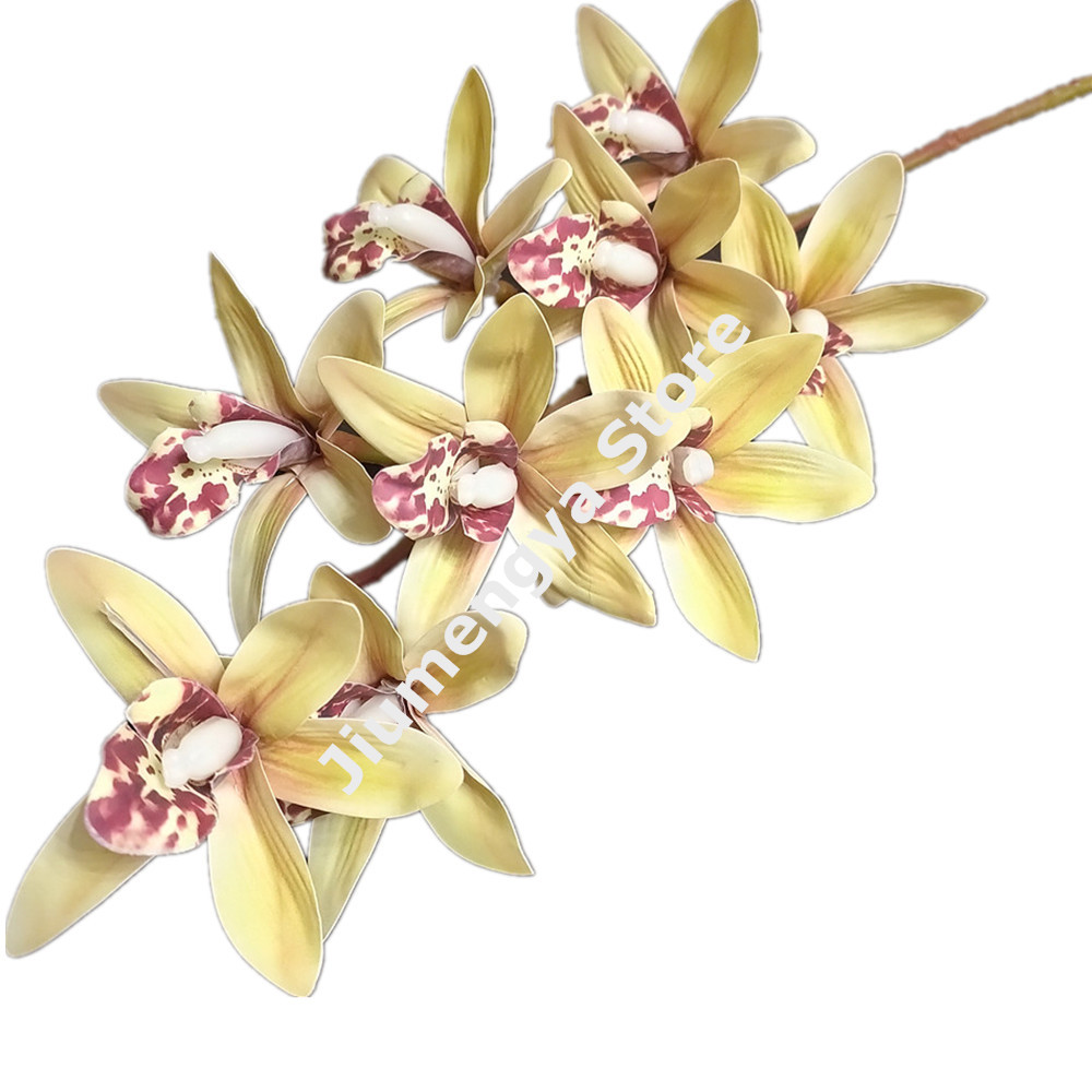 One Real Touch Cymbidium Orchid Flower Plant Artificial 9 Heads Phalaenopsis Orchis for Wedding Home Decorative Flowers: Light Yellow