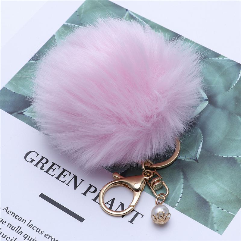 Enfärgad fluffig boll pom pom boll nyckelring berlocker hänge för handväska nyckelring bilinteriör tillbehör nyckelringar (rosa)