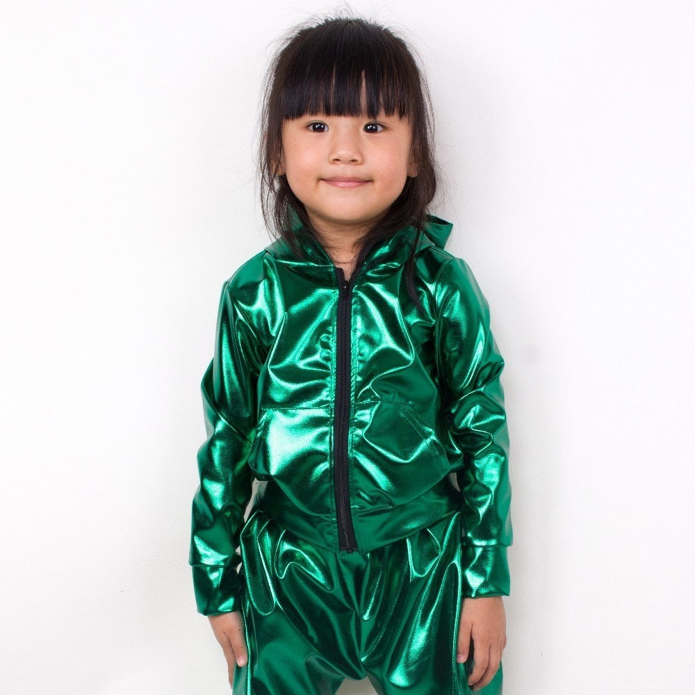 Spring Autumn Kids Green With Pockets bomber Jacket Stage Performance Wear paillette feminina casaco Hip Hop dance coat