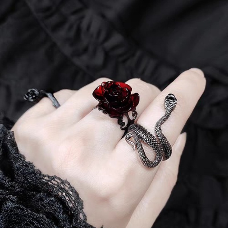 Anillos de apertura de rosa roja estilo gótico Retro para mujer, anillo de dedo hueco con flor de cristal con personalidad Punk, joyería de de Hip Hop Rock