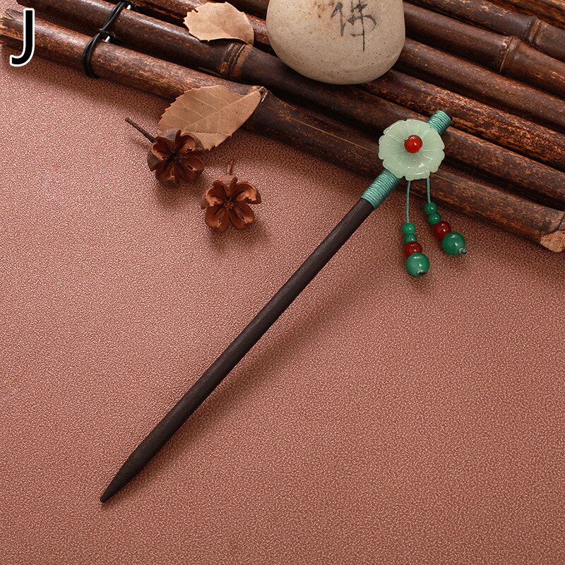 Paletas de madeira estilo chinês, bastão de cabelo artesanal, vintage, com flor, para mulheres, étnicas, acessórios para cabelo: J