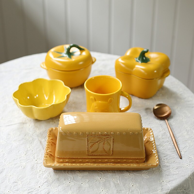 Quail 8 Inch Retro Ceramic Butter Dish Box Container,Candy/cake Box/tray with Lid,Deep Yellow