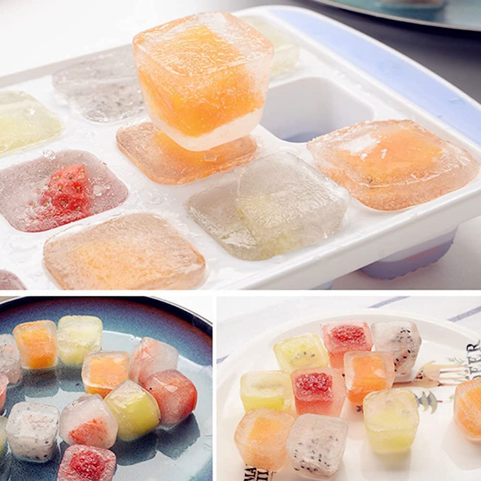 3pcs/set Silicone Ice Cube Trays With Spill-Resistant Removable Lid 21 Cavity Mold Square Shape Stackable Fruit Popsicle Plate